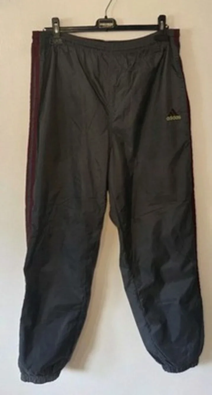Vtg Y2K Adidas Track Pants Sz L Gray Stripes Nylon Lined Burgundy Yellow Logo